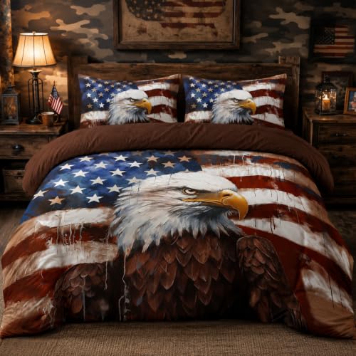 CCoutueChen American Flag Comforter Bedding Set Queen Size Retro Eagle Decorative Comforter Set Wildlife Animal Bird Down Comforter 3Piece Soft Lightweight Quilt Set with 2 Pillowcases
