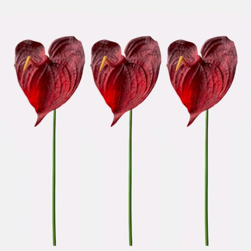"Evlasumflow 30"" Artificial Anthurium Lily Flowers 3pcs Red Fake Tropical Flowers for Vase Bouquets Home Office Wedding Decor."