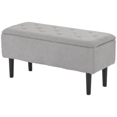 HOMCOM 57L Storage Ottoman Storage Bench 95 x 38 x 45cm Cream Grey - End of Bed Bench, Wooden Legs, Fabric Footstool, Living Room, Bedroom