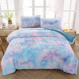 SUCSES Tie Dyed Duvet Cover Set Full/Queen Size, Plush Shaggy Soft Velvet Fuzzy Bedding Set with 2 Pillow Shams, Blue