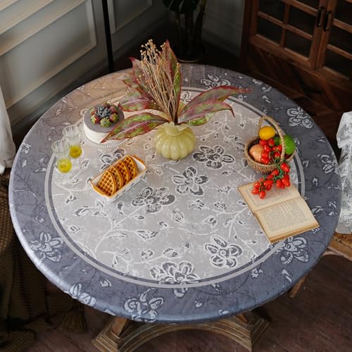 "Artbloss Round Fitted Tablecloth with Elastic Farmhouse Waterproof Oli Proof Table Cover Rustic Wipeable Vinyl Table Protector for Home Picnic Outdoor (Gray Floral, 46""-55"" Round Tight Fit)"