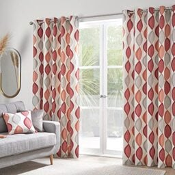 Fusion - Grey & Red Geometric Curtains W46 x L54 (117 x 137cm) - 100% Cotton - 2x Panels - Eyelet Curtains in Orange/Grey - Circle Shape Curtains - Retro Curtains for Bedroom - Lennox Collection