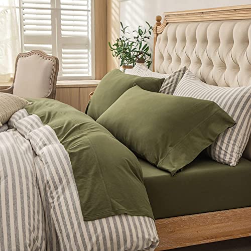 "PURE ERA Jersey Knit Sheet Set Solid Olive Green California King - 100% Cotton, 4 Piece Set, T Shirt Soft, Deep Pocket, Fits Mattresses Up to 20"" Deep, All Around Elastic, Modern and Casual"