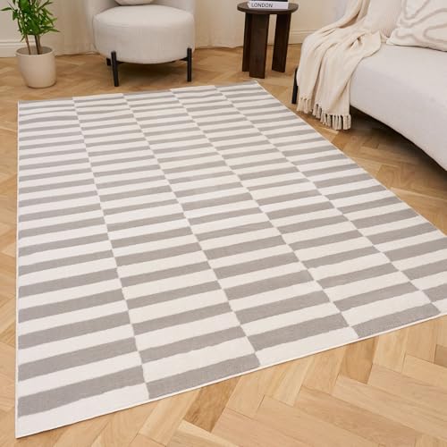 THE RUGS Living Room Rug, Loft Collection – Modern Textured 14mm Soft Pile Area Carpet, Non-Shedding & Easy Care [ Block Stripe Grey, 120x170 cm]