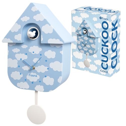 Fisura - Cloud Print Cuckoo Wall Clock. Original Wall Clock - Modern Decorative Wall Clock. Requires 3 AA Batteries (Not Included). 8.5 x 3.1 x 16.3 in. ABS Plastic.