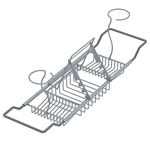 Mabel Home Adjustable Bathtub Caddy Tray, Stainless Steel Bath Tup Rack, with Removable Wine Glass Holders and Book Holder (Silver)