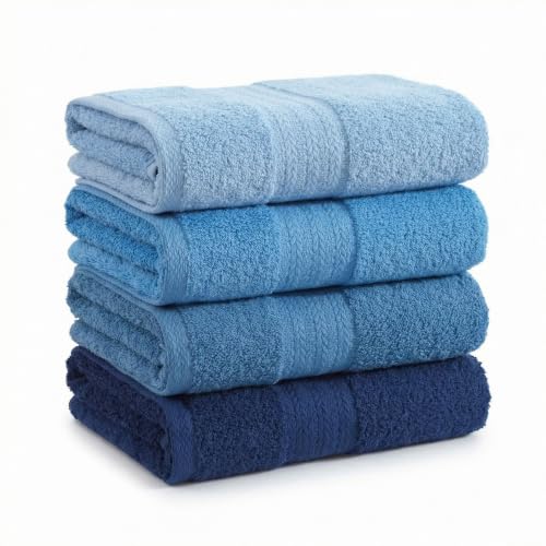 Foutastic Towel Set (4-Piece) Plain Blue 50 x 85 cm - 100% Cotton Machine Washable at 40 C - Soft, Absorbent and Durable for Everyday Use