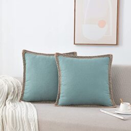 "Set of 2 Farmhouse Throw Pillow Covers - Burlap Linen Trimmed Tailored Edges Decorative Cushion Covers for Bed Home Outdoor Decoration (2 Pieces, 20"" x20"", Teal Green/Linen Band)"