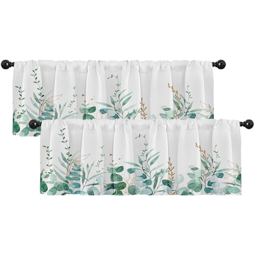 Emvency 2 Pack Valances Window Treatments, Green Eucalyptus Leaves Golden Leaf Blackout Drapes Adjustable Curtain for Windows Living Room Kitchen Over Sink, 52x18 Inch Rod Pocket Valances