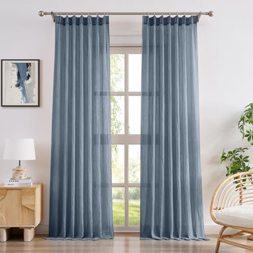 Melodieux Sheer Curtains 84 Inches Long, Cotton Textured Blue Curtains & Drapes for Living Room Bedroom, 2 Panels, Back Tab and Pinch Pleated Light Filtering Panels with Hooks, 40x84 Inch, Slate Blue