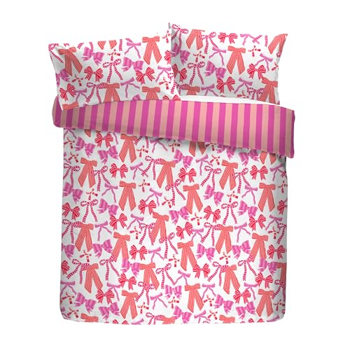Bedlam Duvet Cover Set, 100% Polyester (60% Recycled), Single Size 140x200cm, Pink, Bow Print with Striped Reverse, Easy Care