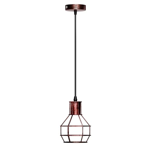 LEDSone Rustic Red Metal Wire Cage Pendant Light E27, Retro Geometric Industrial Ceiling Lamp with Adjustable 90cm Cord, Antique Hanging Light for Loft, Cafe & Bedroom