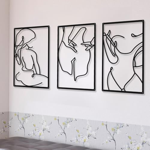 CHENGU 3 Pieces Metal Minimalist Abstract Woman Wall Art Line Drawing Wall Art Decor Single Line Female Home Hanging Wall Art Decor for Kitchen Bathroom Living Room (Charming Style)