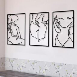 CHENGU 3 Pieces Metal Minimalist Abstract Woman Wall Art Line Drawing Wall Art Decor Single Line Female Home Hanging Wall Art Decor for Kitchen Bathroom Living Room (Charming Style)