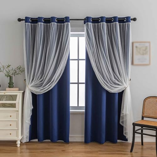 indistar Home Blackout Curtains Double Layer Solid Sheer Grommet Top Window Curtain Panel Pair, 52Wx63L,Navy Blue