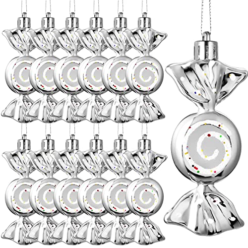Threan 12 Pcs Christmas Candy Ornaments Hanging Glitter Candy Cane Decoration xmas Tree Peppermint Ornament with Golden Rope for Xmas Halloween Decoration(Silver,Plastic)