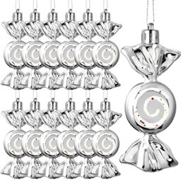 Threan 12 Pcs Christmas Candy Ornaments Hanging Glitter Candy Cane Decoration xmas Tree Peppermint Ornament with Golden Rope for Xmas Halloween Decoration(Silver,Plastic)