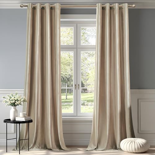 BULBUL Champagne Velvet Curtains 90 Inch Length - 2 Panels Blackout Window Drapes for Living Room and Bedroom, Thermal Insulated, Room Darkening, Grommet Top