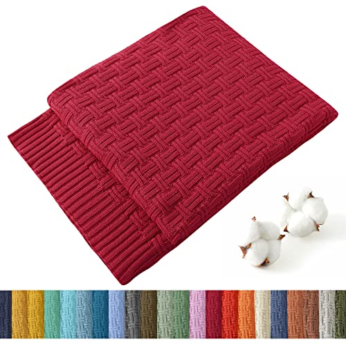 TREELY 100% Cotton Knitted Throw Blanket 50 x 60 Inches, Red - Couch Cover Blanket, Decorative for Couch, Bed & Sofa