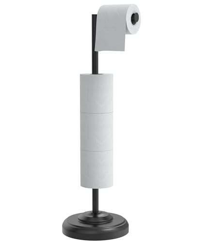 WZKALY Toilet Paper Holder Stand, Free Standing Toilet Storage Holder with Reserve Function for 5 Rolls, SUS304 Stainless Steel Toilet Roll Holder with Weighted Base, Ideal for Bathroom (Matte Black