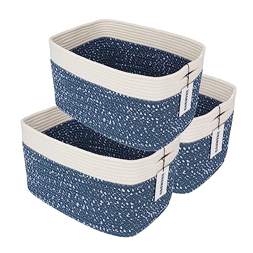 XUANGUO White and Blue Cotton Rope storage Basket Bins Woven Basket for Organizing Shelves 14.5X9.5X9.3??? Rectangle Decorative Baskets For storage Books Towels Wicker Nursery basket organizer Set of 3