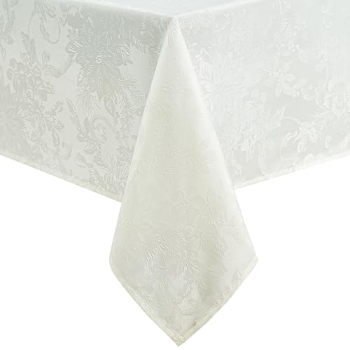 "Elrene Home Fashions Poinsettia Elegance Jacquard Christmas/Holiday Waterproof Stain Resistant Dining Tablecloth, 60""X144"" Oblong/Rectangle, Ivory"