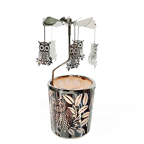 kingnero Gift Carousel Candle Tea Light Holder Rotary Candleholder Metal Windmill Candlestick Spinning Candle Holder for Home Decor (owl)