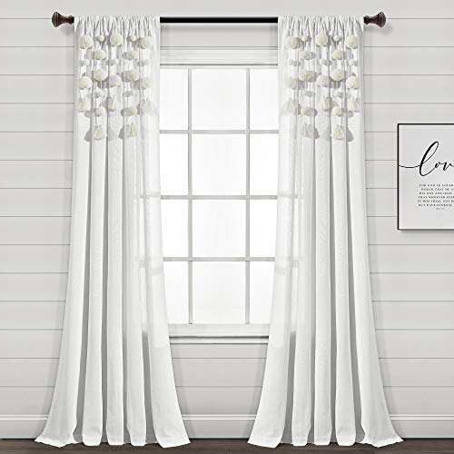 "Lush Decor Boho Pom Tassel Linen Window Curtain (Single Panel), 95"" Long x 52"" Wide, Off- White"