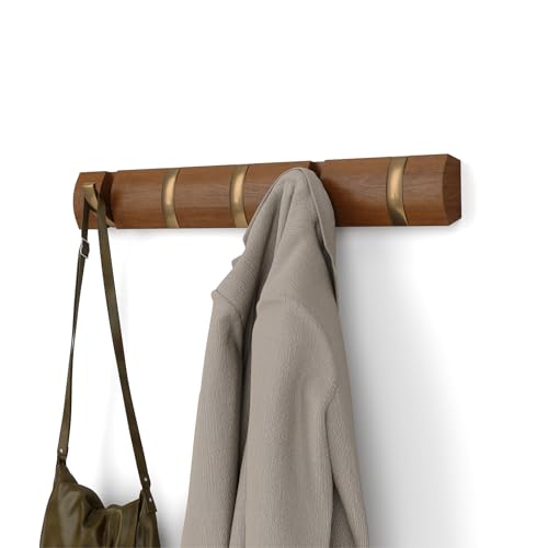 Umbra Flip Wall-Mounted Coat Rack with 5 Hooks – Modern, Space-Saving Storage for Hats, Jackets, Bags, Entryway, Mudroom, Closet, Bathroom, Bedroom – Light Walnut/Gold