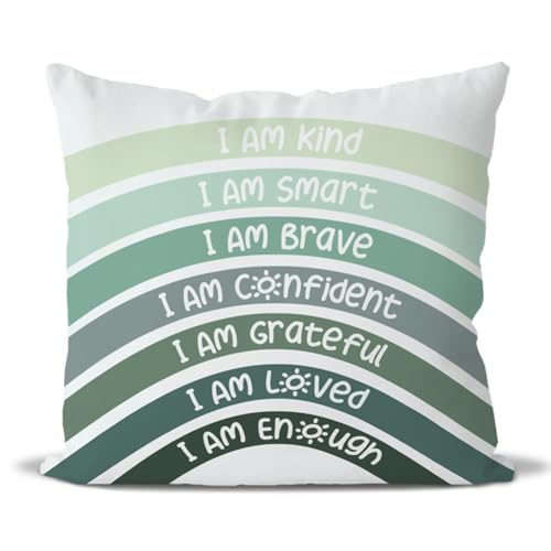 QIYUHOY Boho Rainbow Classroom Throw Pillow Covers, Book Center Calming Corner Playroom Decor Pillow Case, Purple Pillow Cover, I Am Kind Smart Brave Confidence 20x20 Inch Pillowcase(Green)