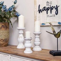 NIKKY HOME Candle Holder Set of 3 - Home Decor Wood Pillar Candle Stand, Mantle Decor Centerpieces for Fireplace, Living or Dining Room Table, Distressed White