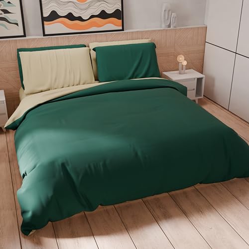 PETTI Artigiani Italiani - Double Duvet Cover Set 200 x 200 cm (2 Pillowcases 80 x 80 cm Included), Soft Microfibre Duvet Cover Set, Plain Taupe - Emerald Green