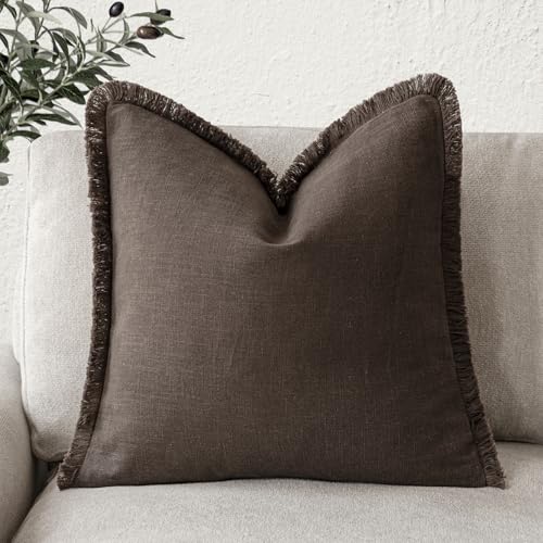 Foindtower Decorative Linen Fringe Throw Pillow Covers Cozy Boho Farmhouse Cushion Cover with Tassels Soft Accent Pillowcase for Chair Sofa Bed Living Room Home Decor, 24??24 Inch, 1PC,Reddish Brown