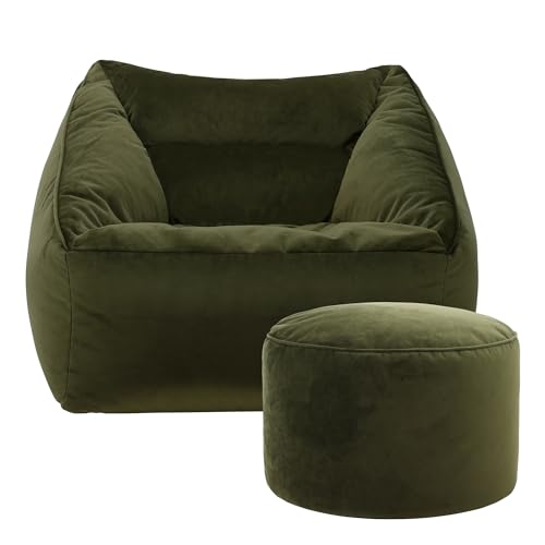 icon Natalia Velvet Bean Bag Chair with Pouffe, Olive Green, Large Adult Bean Bag with Filling Included, Accent Chair, Armchair, Living Room Furniture, Bedroom Furniture