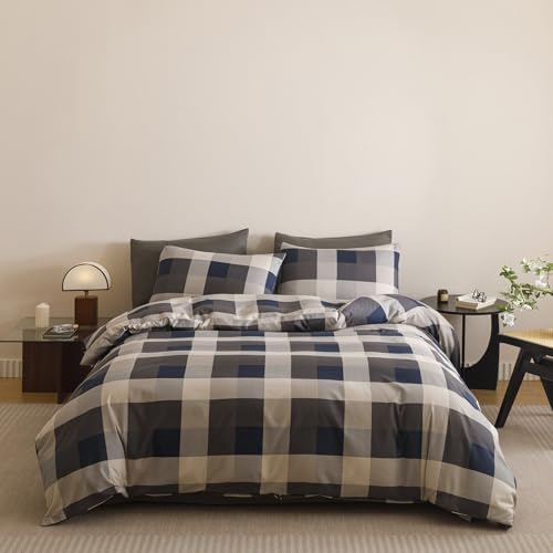 Wellboo Blue Plaid Comforter King Size Navy Blue and Grey Checkered Bedding