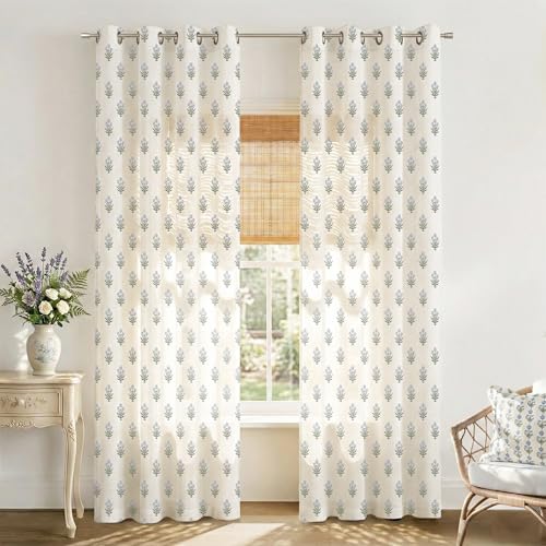 Sheer Curtains 96 Inches Long 2 Panels Set for Sliding Glass Doors,Dusty Baby Blue Linen Floral Country Leaf Curtains for Bedroom Living Room Livingroom