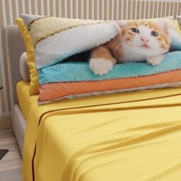 PETTI Artigiani Italiani - Animal Bed Linen with Cats in Cotton with Pillowcases in Digital Print, Single Bed Sheet, Yellow Single Bed Set, 100% Made in Italy