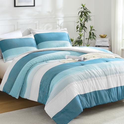 Litanika Teal Full Comforter Set - 3 Pieces Stripe Bedding Comforter Sets - Boys Men Fluffy Lightweight Soft Colorblock Down Alternative All Season Bed Set