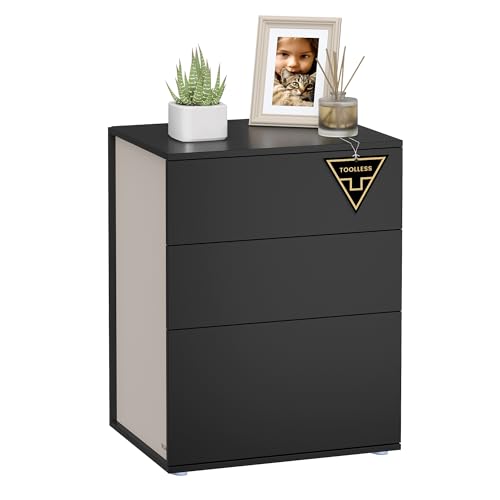 VASAGLE Bedside Table with 3 Drawers, Superfast Toolless Assembly, Bed Side Cabinet Nightstand, Black Chest Of Drawers for Bedroom/Living Room, LET778B01