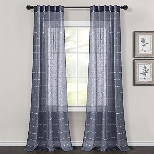 "Lush Decor Farmhouse Textured Back Tab/Rod Pocket Sheer Window Curtain Panel Pair, 84"" L x 38"" W, Navy"