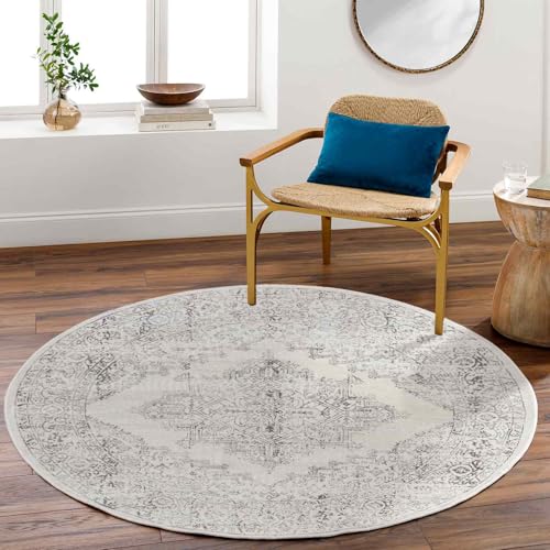 Livabliss Ceren Roma Vintage Round Carpet 160 cm, Living Room & Bedroom, Scandi Neutral, Traditional Boho Pattern, Easy Care Pile, Off White Grey
