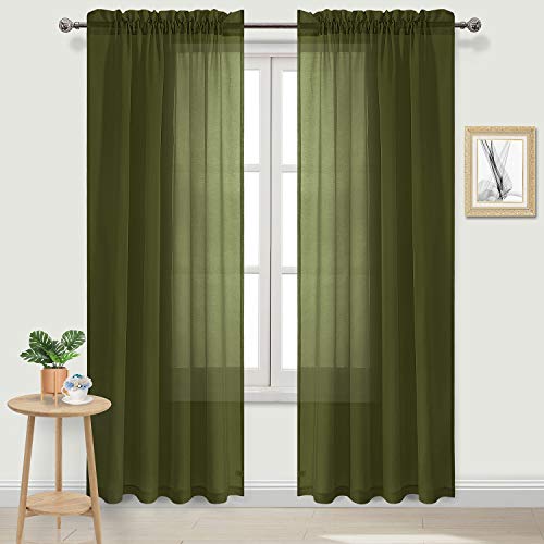 DWCN Linen Effect Sheer Curtains Rod Pocket for Living Room 52x84 inch Olive Green Set of 2