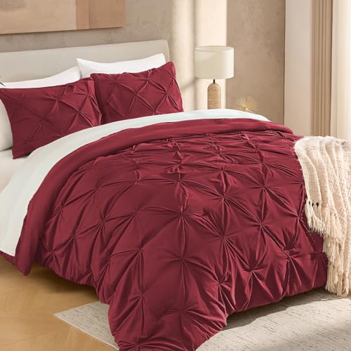 "Andency Full Pinch Pleat Burgundy Comforter Set 3 Piece Bedding - Lightweight Comforter with 2 Pillow Shams,79""x90"", Pintuck Fluffy, All Season Use, Boho Cute Style for Bedroom"