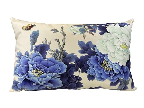 "whooplaArt Decorative Velvet Throw Pillow Cushion Cover Blue Peony Flower Double Sides Floral Lumber Flying Butterfly (14""X20""(35X50CM))"