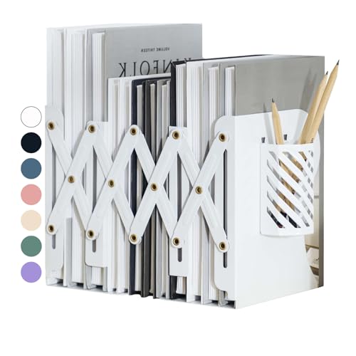 Kingsmile Book Ends, Adjustable Heavy Duty Metal Book Stoppers with Pen Holder for Desk Office Library Kids Room(White)