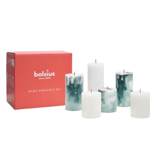 Bolsius - Pillar Candle Set - Green - White - 6 Candles - Marble - Rustic - Decorative Candles - Palm Oil Free