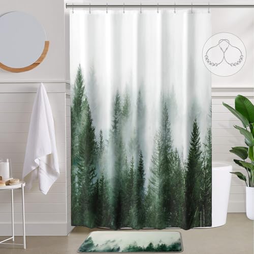 "ORTIGIA Green Misty Forest Shower Curtains,Nature and Woodland Shower Curtain,Fantasy Fog Magic Winter Tree Bath Curtain for Bathroom,Waterproof Polyester Fabric 54"" Wx78 L-with Hooks"