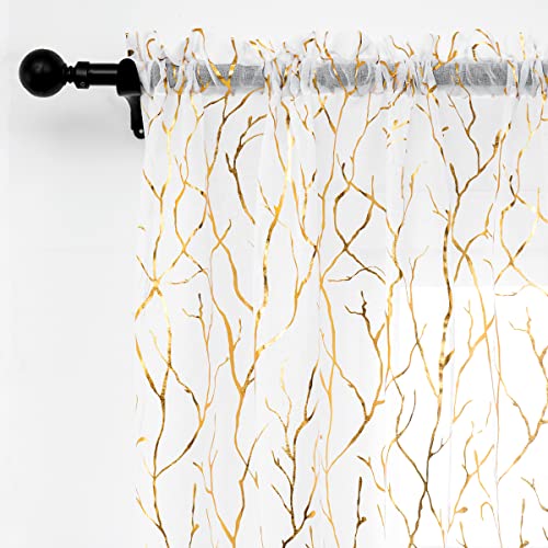 FINECITY Tree Branch Sheer Curtains 63-inch Length - Gold White Sheer Curtains Printed Metallic Gold Foil Branch Pattern Rod Pocket Window Curtains for Girls Bedroom, 52 x 63 Inch, 2 Panels, White
