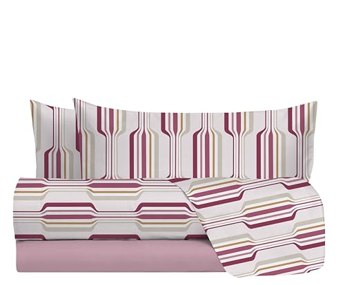 hermet Mira Mauve 100% Cotton Double Bed Sheet Set, Double Bed Set, Top Sheet + Fitted Sheet + 2 Pillowcases, Mira Mauve