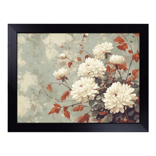 Lap Tray with Bean Bag Cushion, Chrysanthemum Flowers - Handmade in the UK, Raised Wooden Edge, Padded Cushion, Heat-Resistant Wipe-Clean Surface, for Meals, Laptops and Crafts
